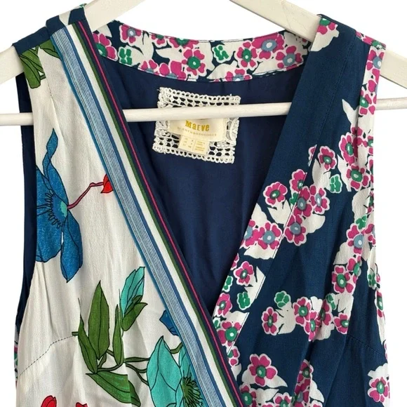 Maeve Anthrolpologie Faux Wrap Mixed Print Sleeveless Dress Floral Blue Size 4 - Picture 8 of 11